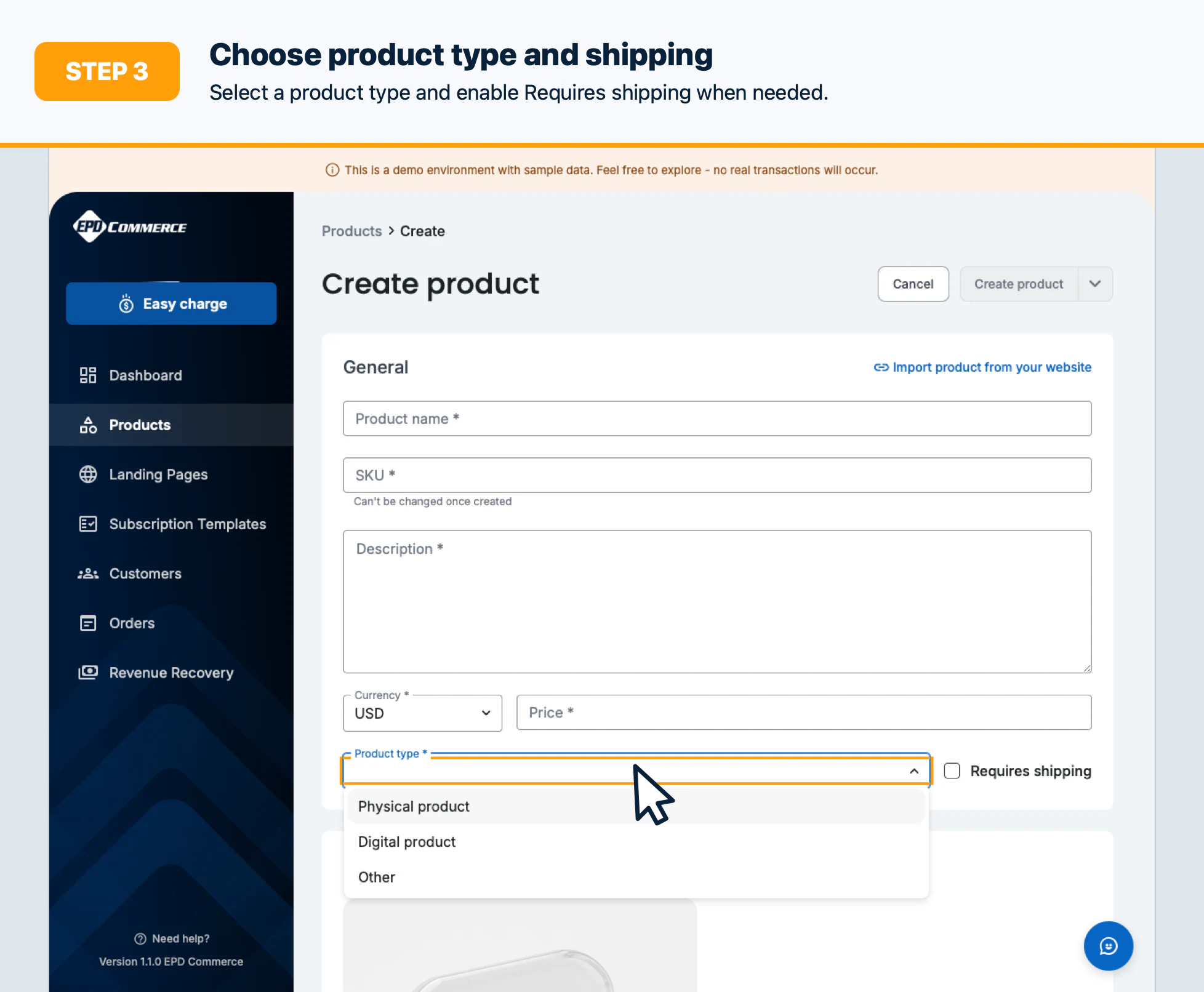 Step 3: Choose the product type